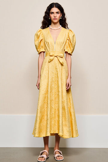 Yellow V Neck A Line Wedding Guest Dress With Appliques